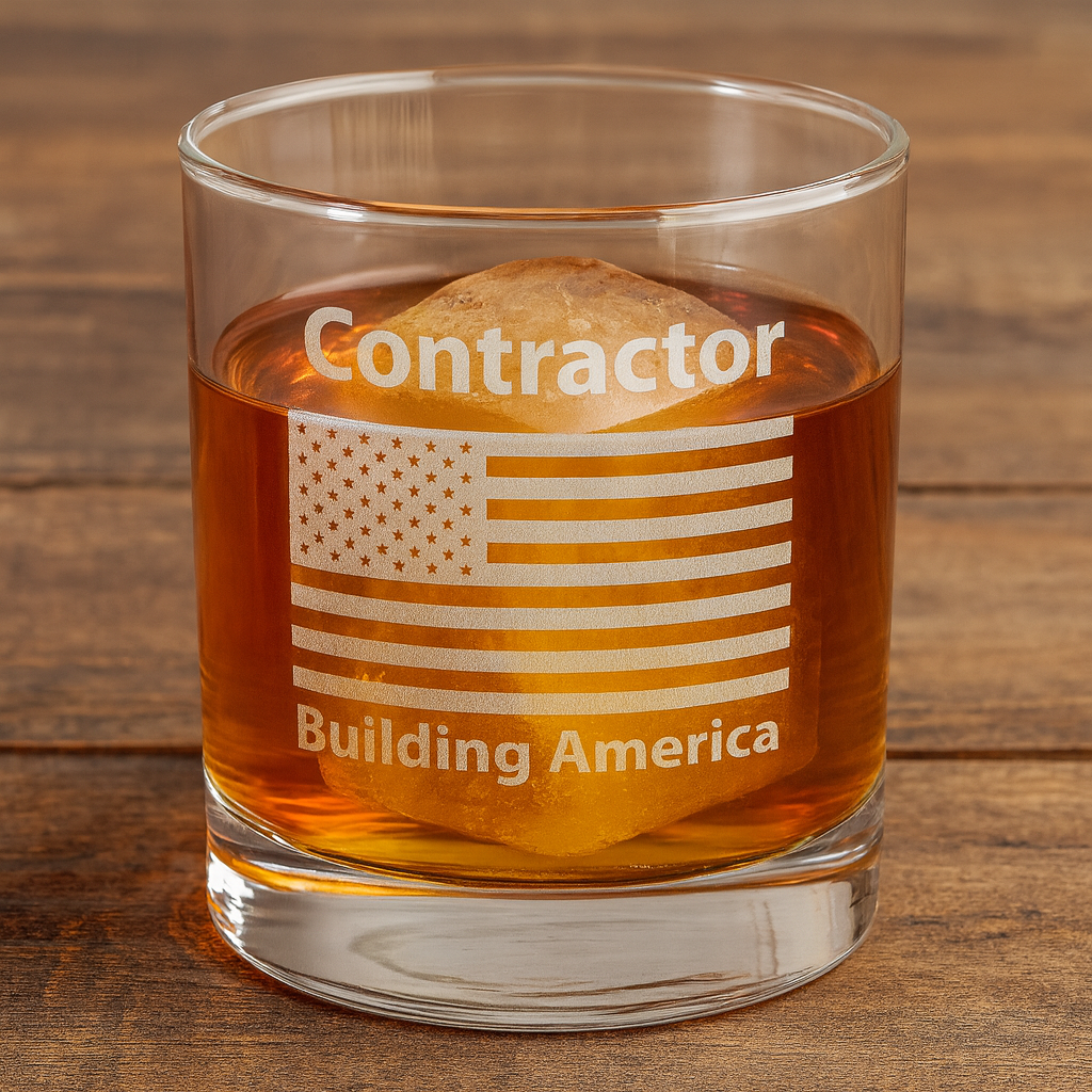 Contractor "Building America" American Flag - Engraved Whiskey Glass 10.5oz