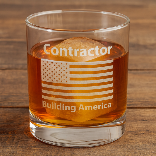 Contractor "Building America" American Flag - Engraved Whiskey Glass 10.5oz