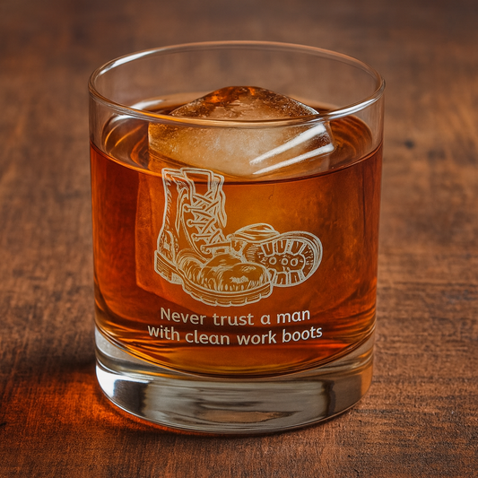 "Never Trust Clean Boots" Engraved Whiskey Glass — 10.5 oz